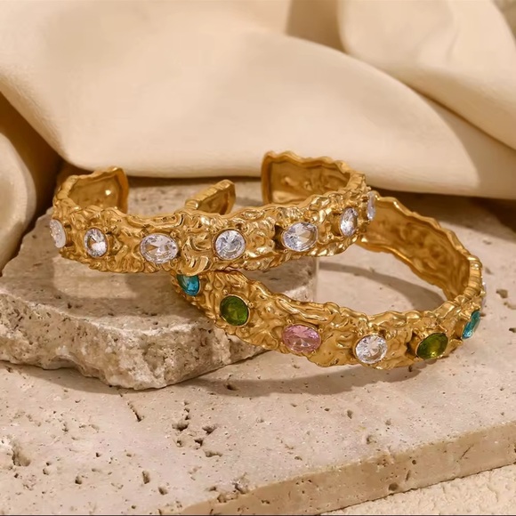 Colorful Gemstone Cuff Bracelet – 18K Gold Plated on Stainless Steel - Picture 1 of 10